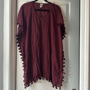 Seafolly amnesia kaftan tassel detail 100% cotton burgundy swim coverup